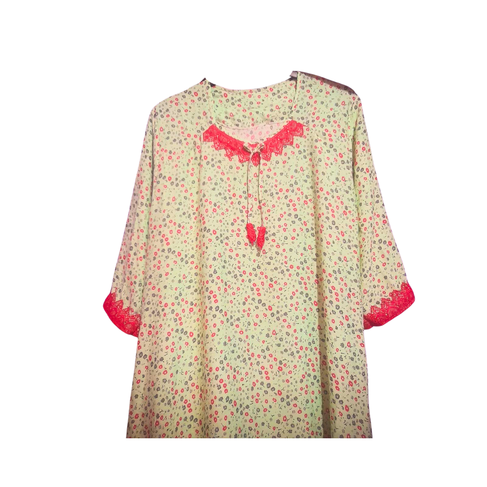 Pyjama Long à Fleurs Tissu Léger et Dentelle Rouge