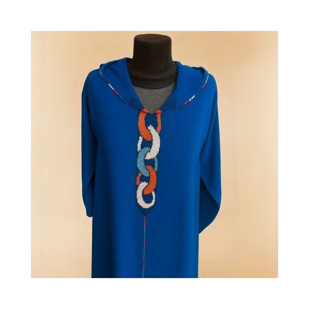 Jellaba Bleue à Broderie Multicolore