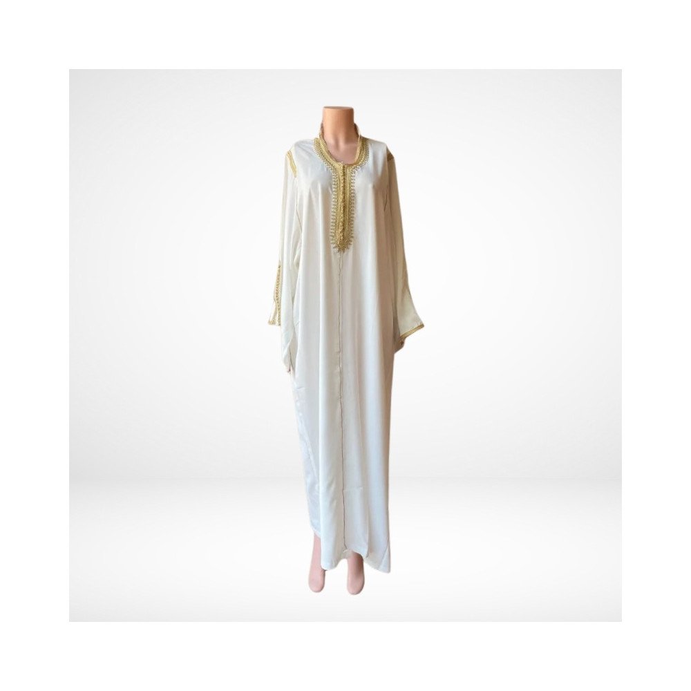 Jellaba Blanche en Satin Brodé Élégance Pure et Finitions Dorées