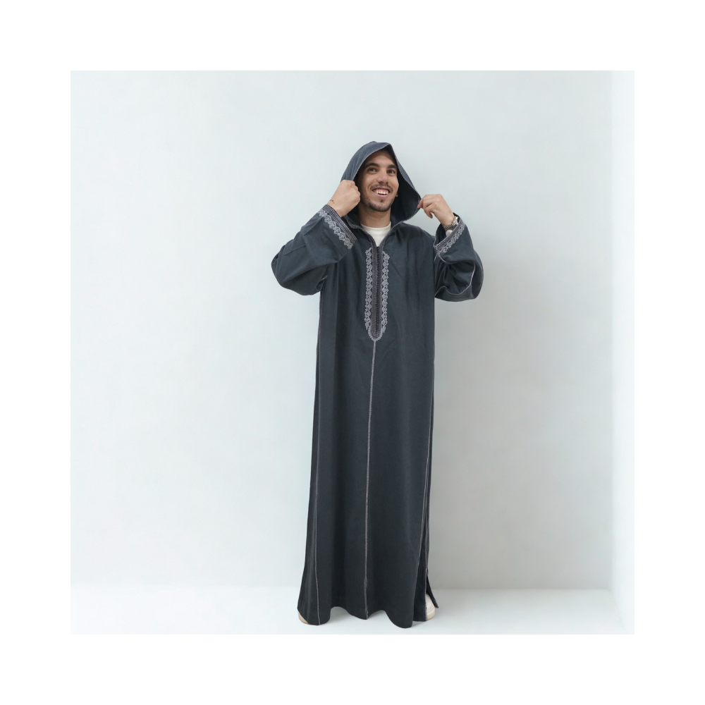  Djellaba Homme Grise Broderie Traditionnelle