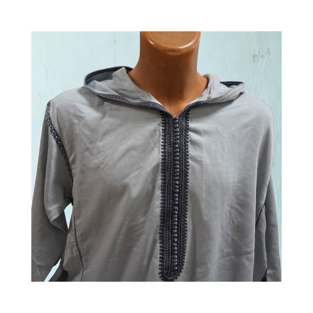 Djellaba Homme Grise Broderie Noire