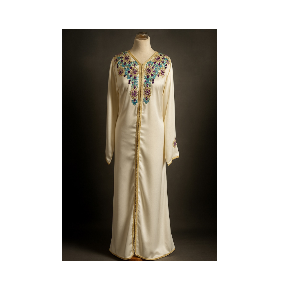 Caftan Crème Brodé à la Main – Élégance et Raffinement Marocain