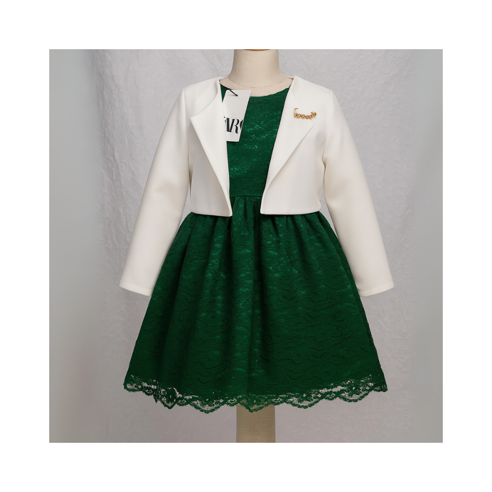 Robe verte en dentelle avec veste blanche pour fille