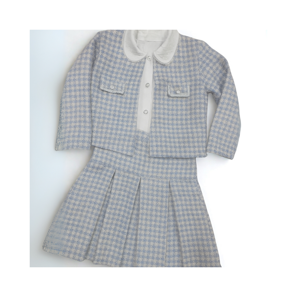 Ensemble tailleur fille – veste courte et jupe plissée bleu clair