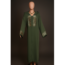 Djellaba Verte en Crêpe – Broderie Fantaisie Dorée fait main 