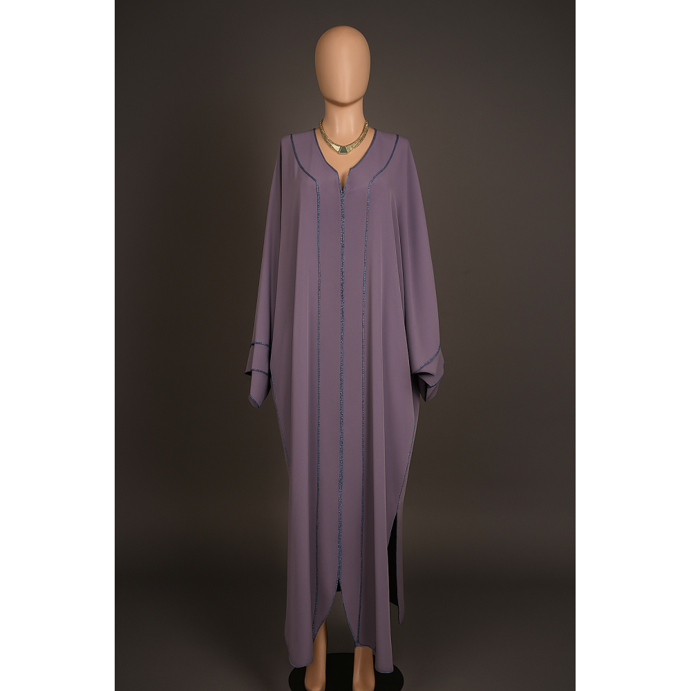 Kimono Lavande en Crêpe – Broderie Berbère Géométrique