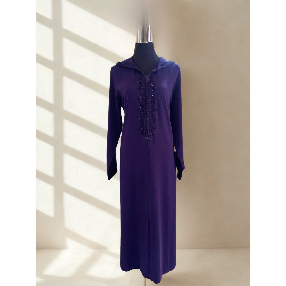 Jellaba en Crêpe Violet Foncé avec Broderie 
